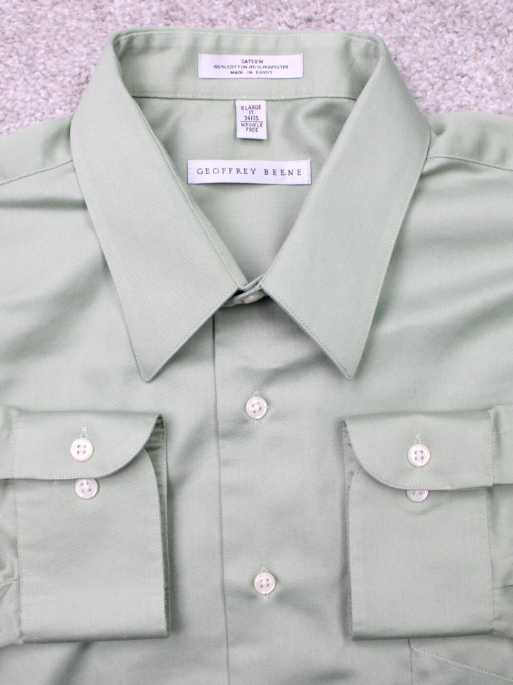 Geoffrey Beene Shirt Mens XL Green 17, 34/35 Green Sateen Wrinkle Free L/S